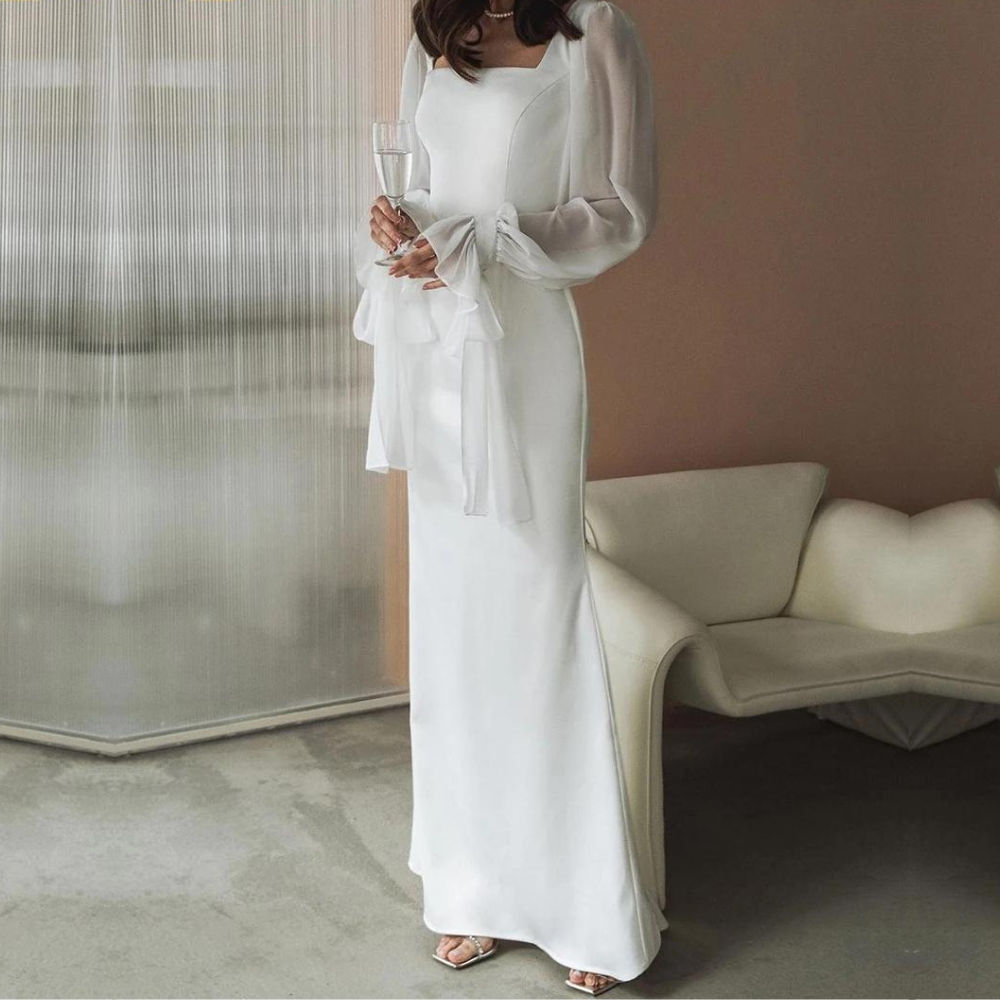 Elegante maxi-jurk voor dames met lange mouwen, vloerlang, getailleerd en met uitlopende mouwen, ideaal voor bruiloften.