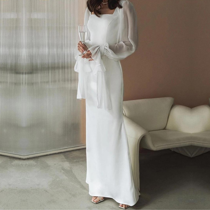Elegante maxi-jurk voor dames met lange mouwen, vloerlang, getailleerd en met uitlopende mouwen, ideaal voor bruiloften.
