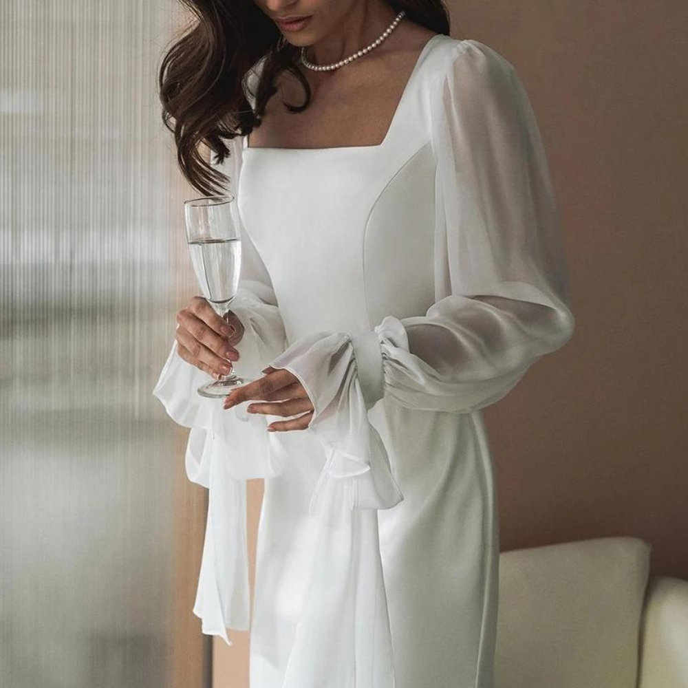 Elegante maxi-jurk voor dames met lange mouwen, vloerlang, getailleerd en met uitlopende mouwen, ideaal voor bruiloften.