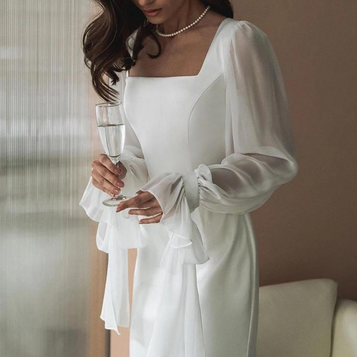 Elegante maxi-jurk voor dames met lange mouwen, vloerlang, getailleerd en met uitlopende mouwen, ideaal voor bruiloften.