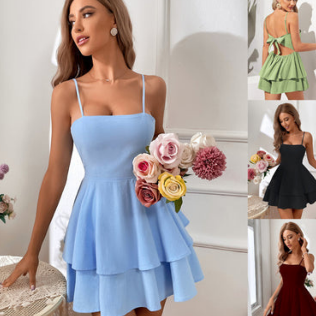 Elegant dames mini-jurkje met delicate spaghettibandjes, gelaagd design en vrouwelijk silhouet voor speciale gelegenheden, in bordeaux. 