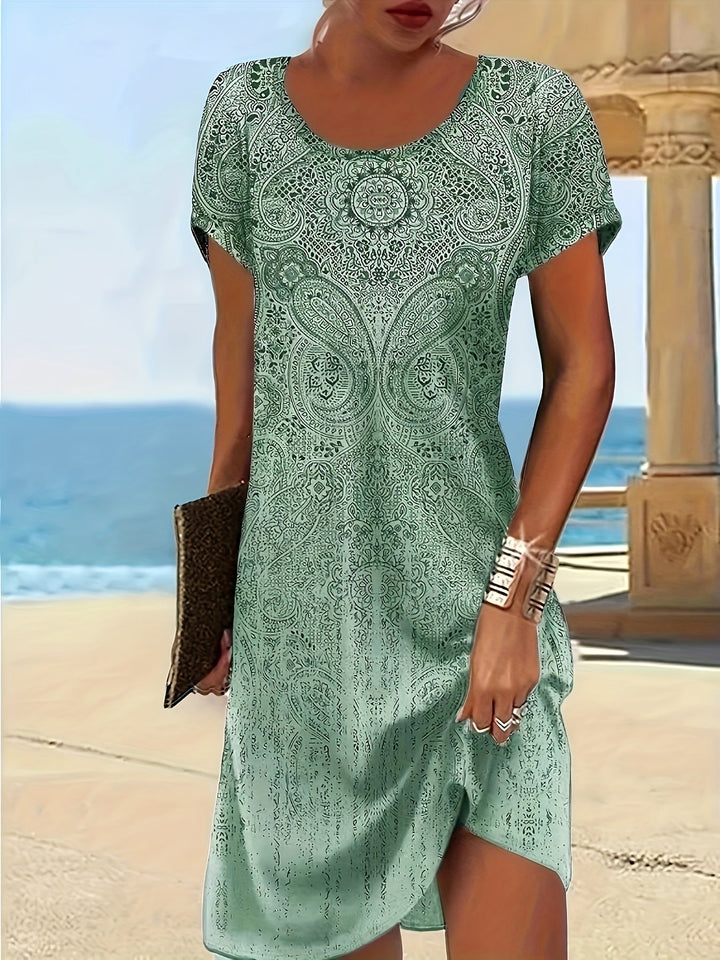 Dames zomerjurk, ronde hals, korte mouwen, mini, ideaal voor zonnige dagen, stijlvol en luchtig.