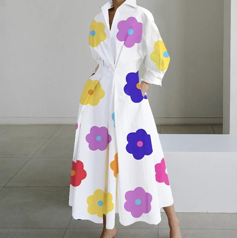 Elegant dames zomerjurk met V-hals, midi-lengte in vloeiende stof, ideaal voor cocktailparty's en formele gelegenheden