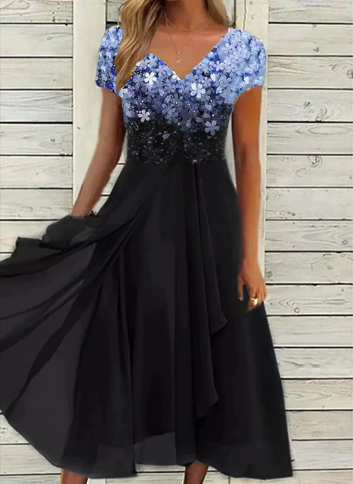 Elegant dames midi-jurk met bloemenprint, sierlijk ontwerp, flatterende pasvorm, ideaal voor speciale gelegenheden.