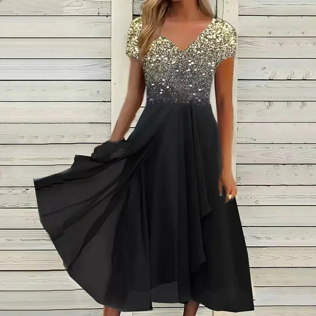 Elegant dames midi-jurk met bloemenprint, sierlijk ontwerp, flatterende pasvorm, ideaal voor speciale gelegenheden.