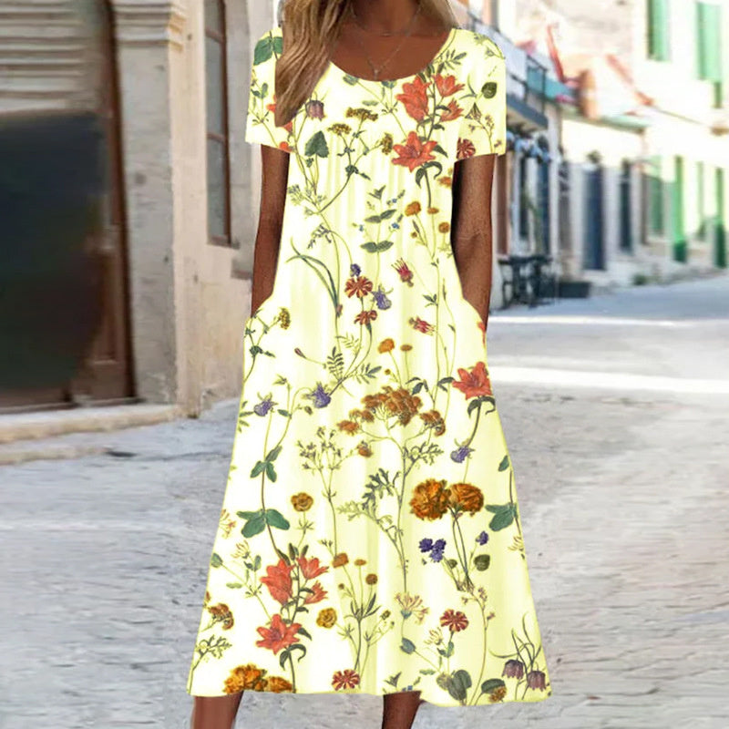 Elegante damesjurk met levendig bloemenpatroon en een flatterende snit, ideaal voor zowel formele als casual gelegenheden.
