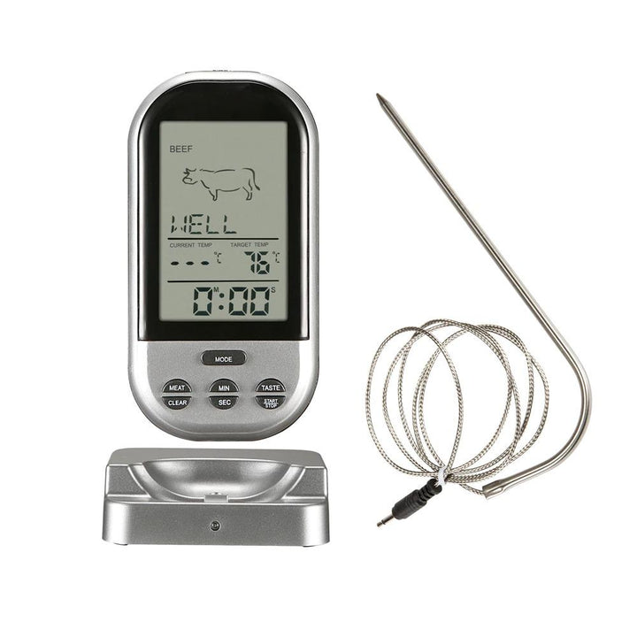 Elegante digitale draadloze oventhermometer met groot scherm, roestvrijstalen sonde en alarmfunctie, ideaal voor het koken.