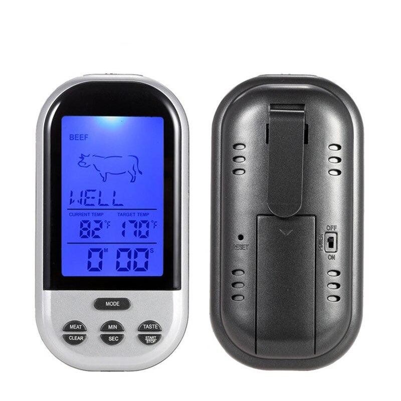 Elegante digitale draadloze oventhermometer met groot scherm, roestvrijstalen sonde en alarmfunctie, ideaal voor het koken.