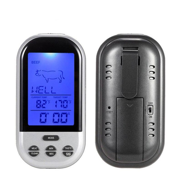 Elegante digitale draadloze oventhermometer met groot scherm, roestvrijstalen sonde en alarmfunctie, ideaal voor het koken.