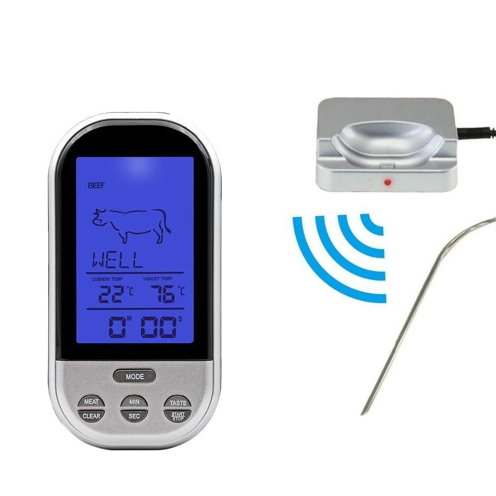 Elegante digitale draadloze oventhermometer met groot scherm, roestvrijstalen sonde en alarmfunctie, ideaal voor het koken.