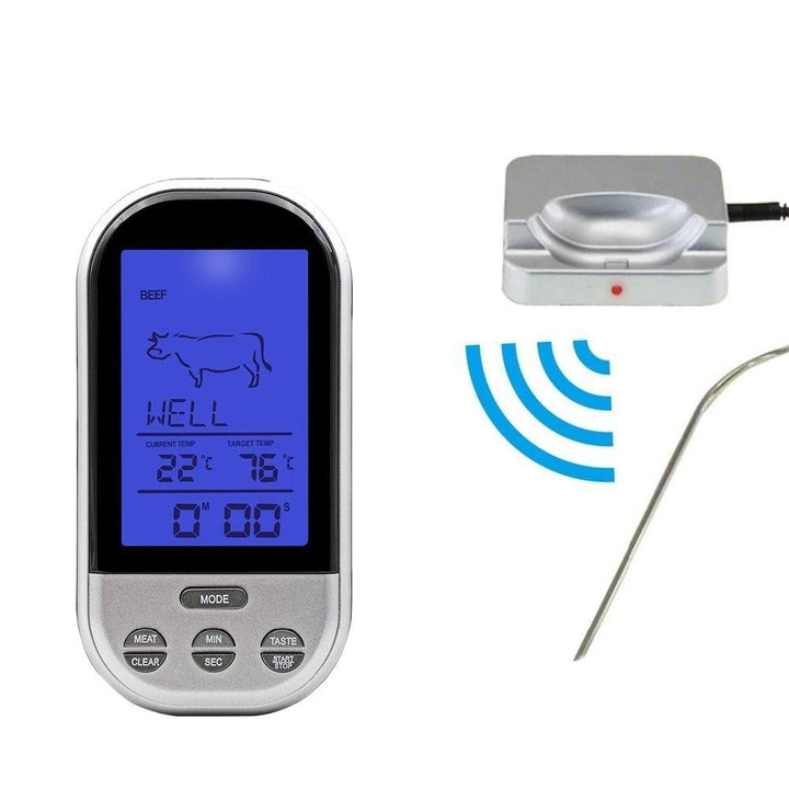 Elegante digitale draadloze oventhermometer met groot scherm, roestvrijstalen sonde en alarmfunctie, ideaal voor het koken.