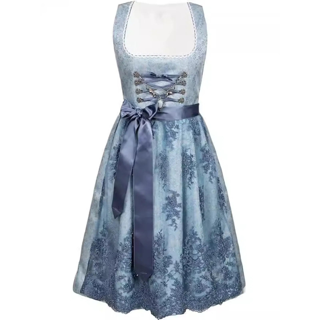 Elegante mouwloze dirndl jurk voor dames. Perfect voor Oktoberfest, benadrukt het vrouwelijke silhouet, traditionele klederdracht in blauw.