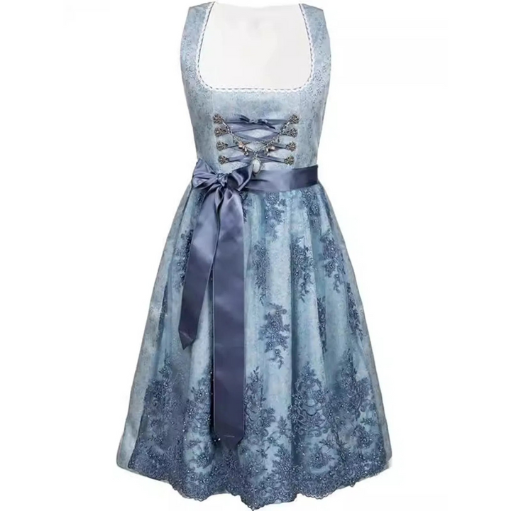 Elegante mouwloze dirndl jurk voor dames. Perfect voor Oktoberfest, benadrukt het vrouwelijke silhouet, traditionele klederdracht in blauw.