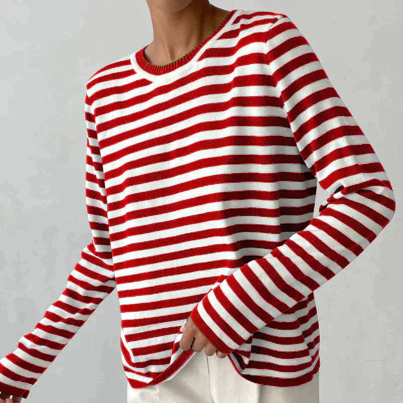 Elegant gestreept damesshirt, lichtgewicht, ronde hals, subtiele strepen, ideaal voor de zomer, stijlvolle vrijetijdslook