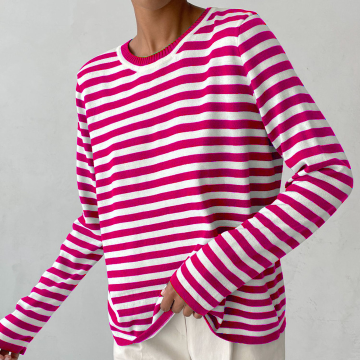 Elegant gestreept damesshirt, lichtgewicht, ronde hals, subtiele strepen, ideaal voor de zomer, stijlvolle vrijetijdslook