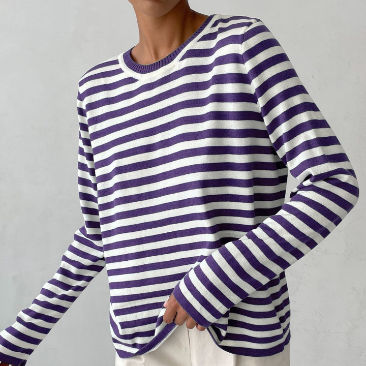 Elegant gestreept damesshirt, lichtgewicht, ronde hals, subtiele strepen, ideaal voor de zomer, stijlvolle vrijetijdslook