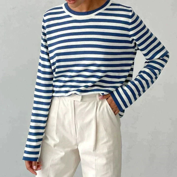 Elegant gestreept damesshirt, lichtgewicht, ronde hals, subtiele strepen, ideaal voor de zomer, stijlvolle vrijetijdslook