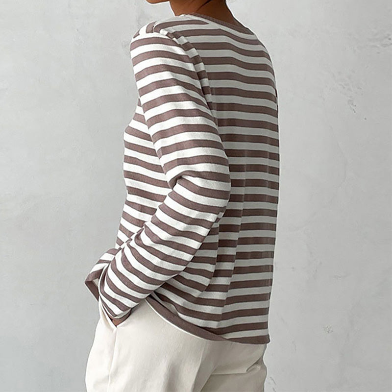 Elegant gestreept damesshirt, lichtgewicht, ronde hals, subtiele strepen, ideaal voor de zomer, stijlvolle vrijetijdslook