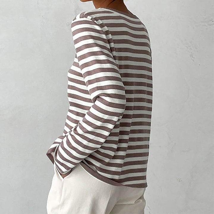 Elegant gestreept damesshirt, lichtgewicht, ronde hals, subtiele strepen, ideaal voor de zomer, stijlvolle vrijetijdslook