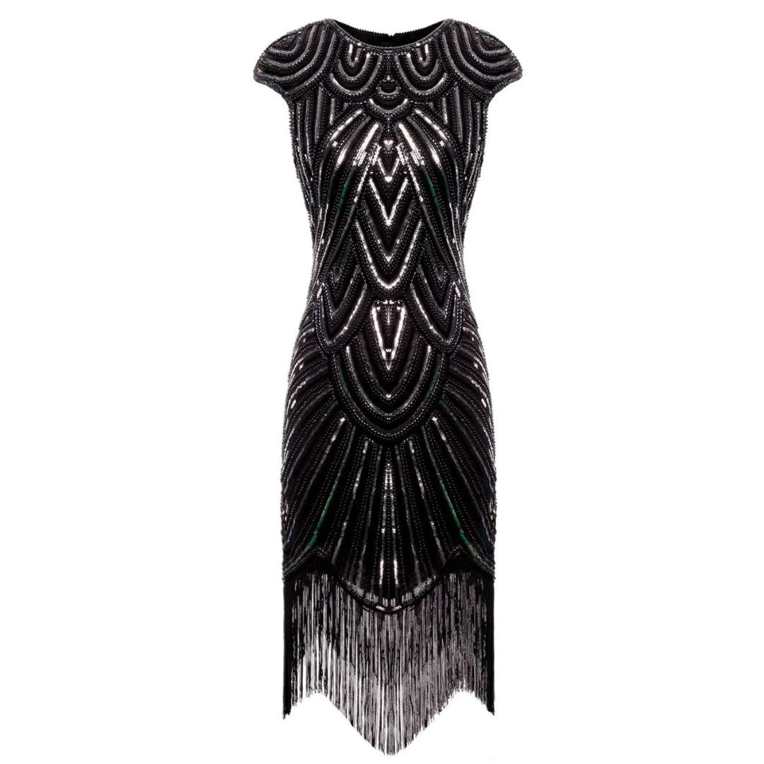 Elegante glitterjurk in Gatsby-stijl met sprankelende pailletten en franjes, nauwsluitend, in bordeauxrood, goud en andere kleuren.