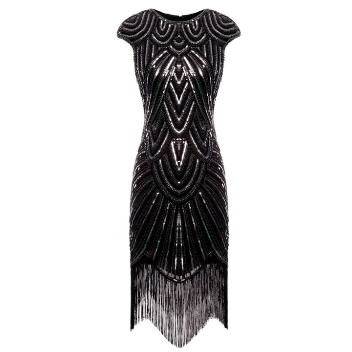 Elegante glitterjurk in Gatsby-stijl met sprankelende pailletten en franjes, nauwsluitend, in bordeauxrood, goud en andere kleuren.