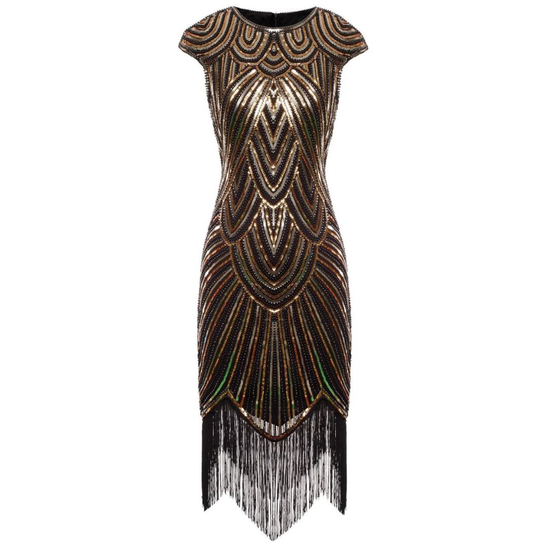 Elegante glitterjurk in Gatsby-stijl met sprankelende pailletten en franjes, nauwsluitend, in bordeauxrood, goud en andere kleuren.