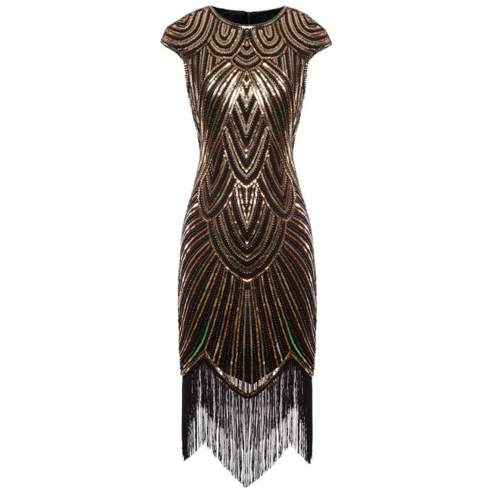 Elegante glitterjurk in Gatsby-stijl met sprankelende pailletten en franjes, nauwsluitend, in bordeauxrood, goud en andere kleuren.