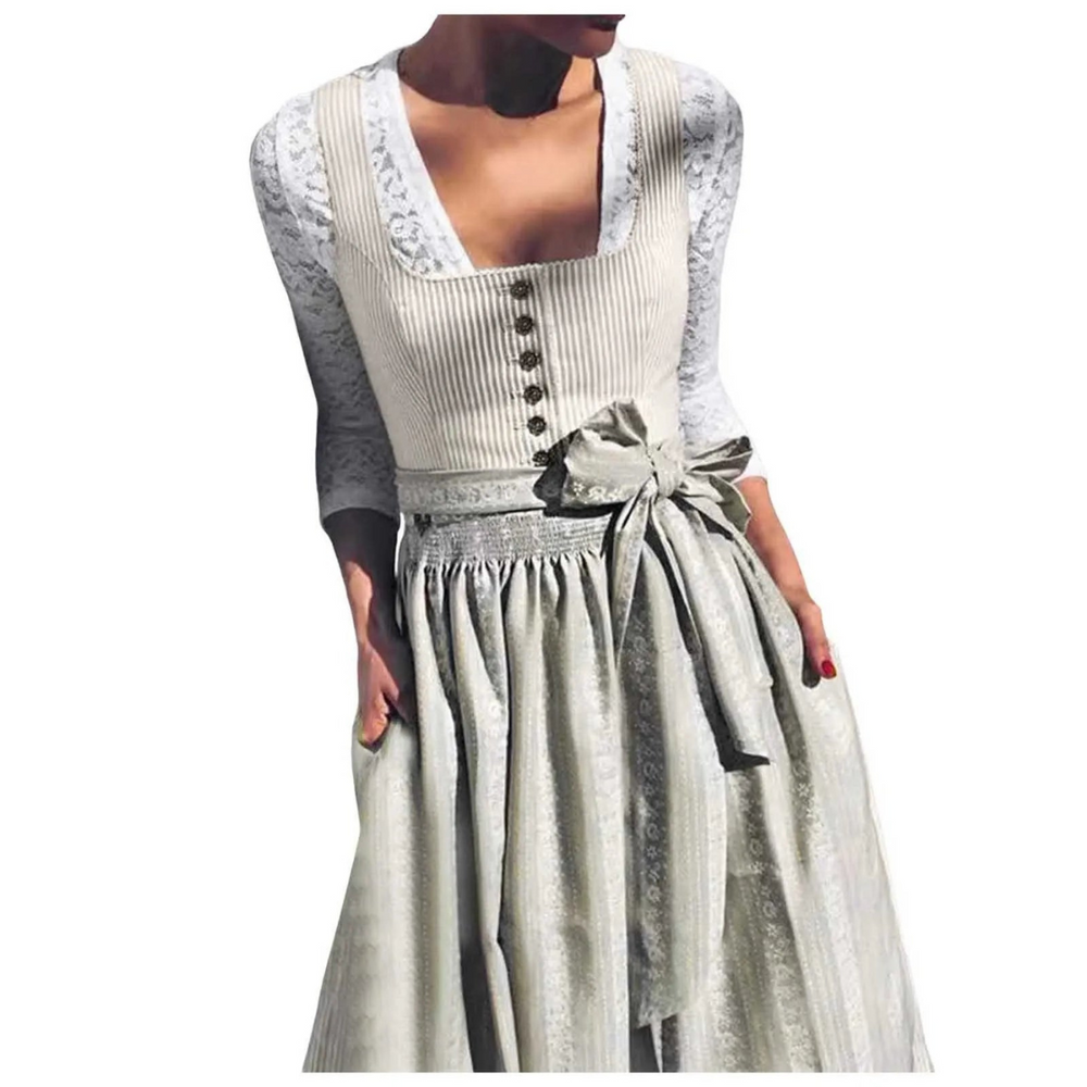 Elegant grijs dames dirndl met afneembaar schort en vierkante halslijn voor Oktoberfest-evenementen