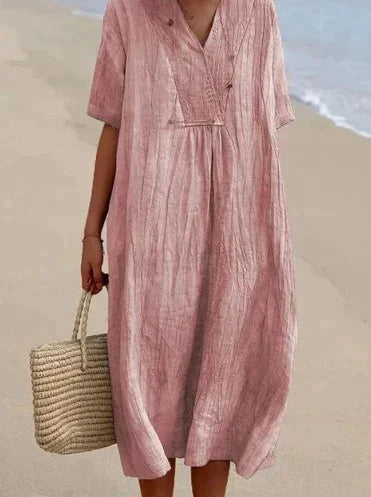Elegante lichtblauwe zomerjurk van katoen-linnen, V-hals, A-lijn, met strandtas, perfecte zomerse elegantie.