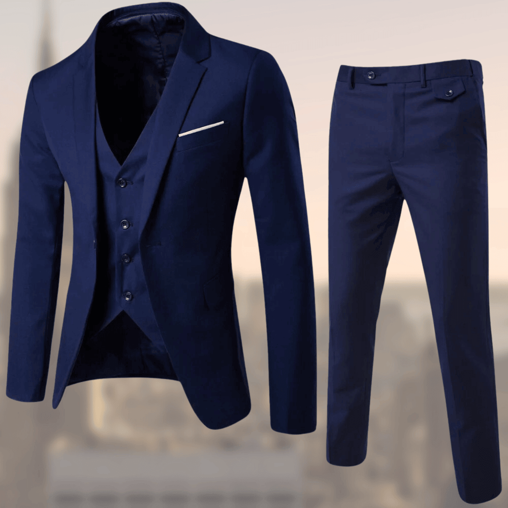 Elegant herenpak set met colbert, gilet en broek, in klassieke kleuren zoals zwart en marineblauw. Ideaal voor evenementen.
