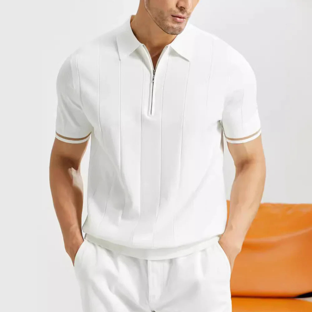 Heren Polo Shirt in donkerblauw, met klassieke kraag en ritssluiting, stijlvol ontwerp voor verschillende gelegenheden