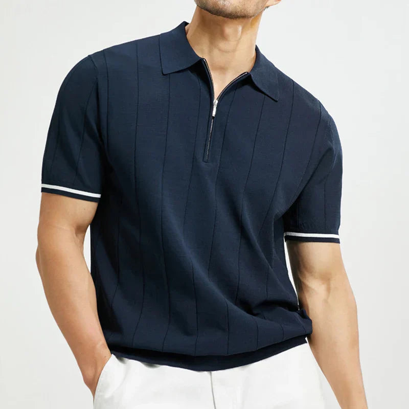 Heren Polo Shirt in donkerblauw, met klassieke kraag en ritssluiting, stijlvol ontwerp voor verschillende gelegenheden