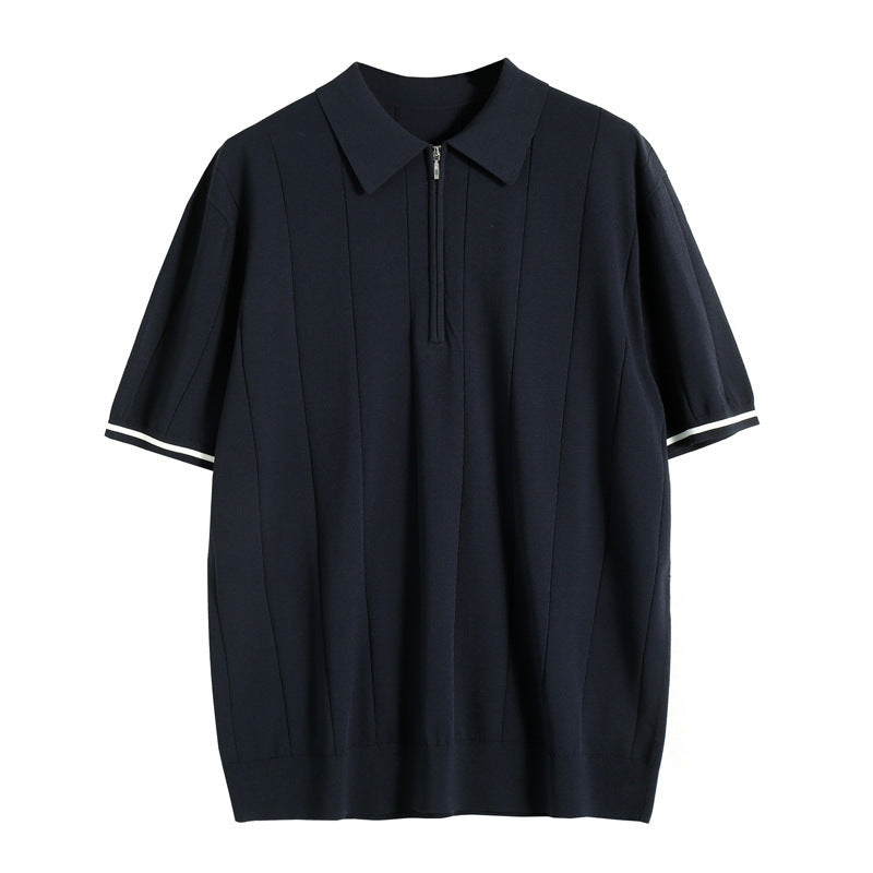 Heren Polo Shirt in donkerblauw, met klassieke kraag en ritssluiting, stijlvol ontwerp voor verschillende gelegenheden