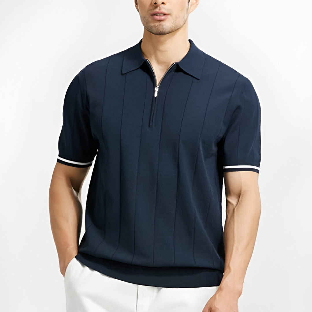 Heren Polo Shirt in donkerblauw, met klassieke kraag en ritssluiting, stijlvol ontwerp voor verschillende gelegenheden