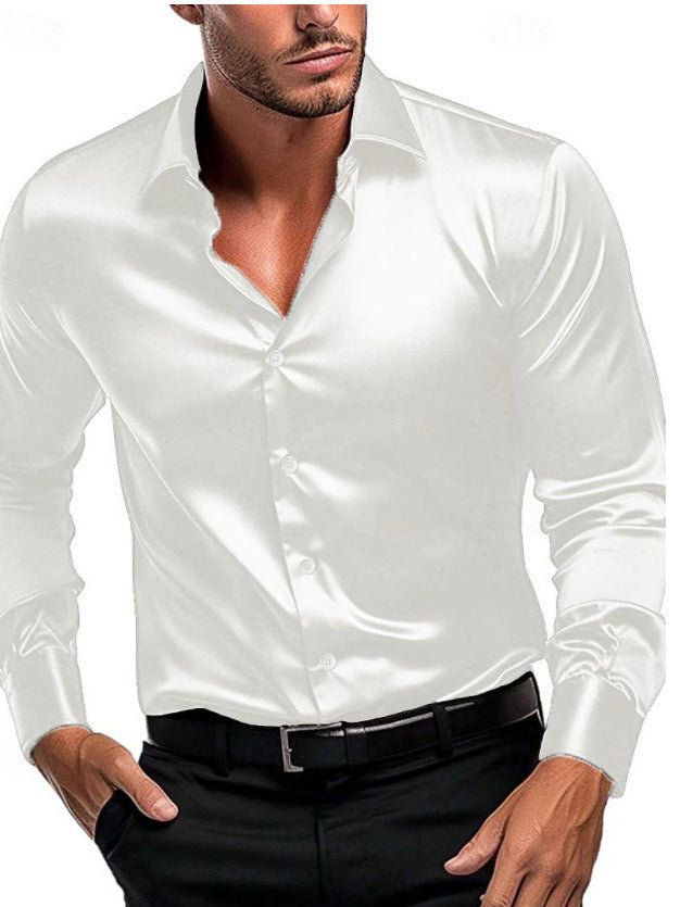 Elegant heren zijden overhemd in wit met een Italiaanse kraag, perfect voor formele en casual evenementen.