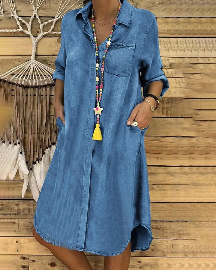 Elegante jeans midi-jurk voor dames met omgeslagen mouwen en borstzak, flatterende pasvorm, veelzijdig design