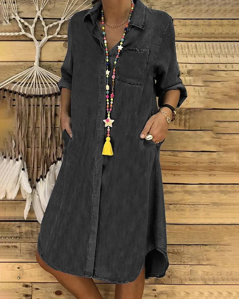 Elegante jeans midi-jurk voor dames met omgeslagen mouwen en borstzak, flatterende pasvorm, veelzijdig design