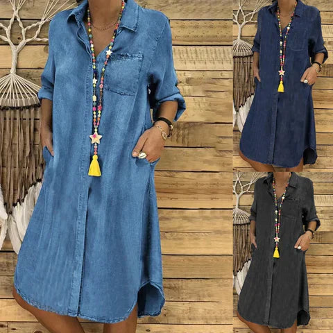 Elegante jeans midi-jurk voor dames met omgeslagen mouwen en borstzak, flatterende pasvorm, veelzijdig design