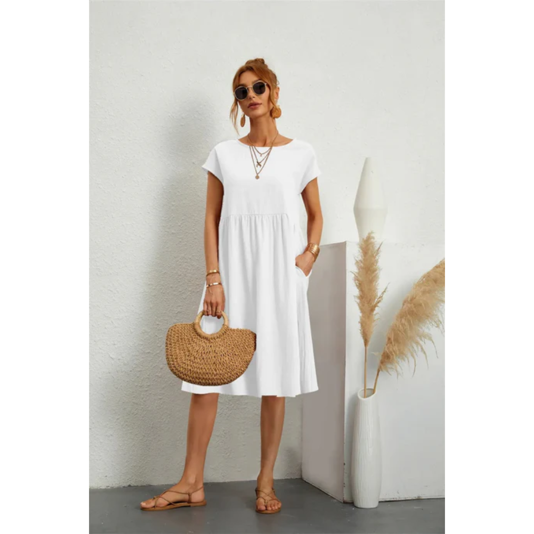 Elegante kortmouwige zomerjurk voor dames in midi-lengte, accentueert het figuur, ideaal voor formele en casual gelegenheden.