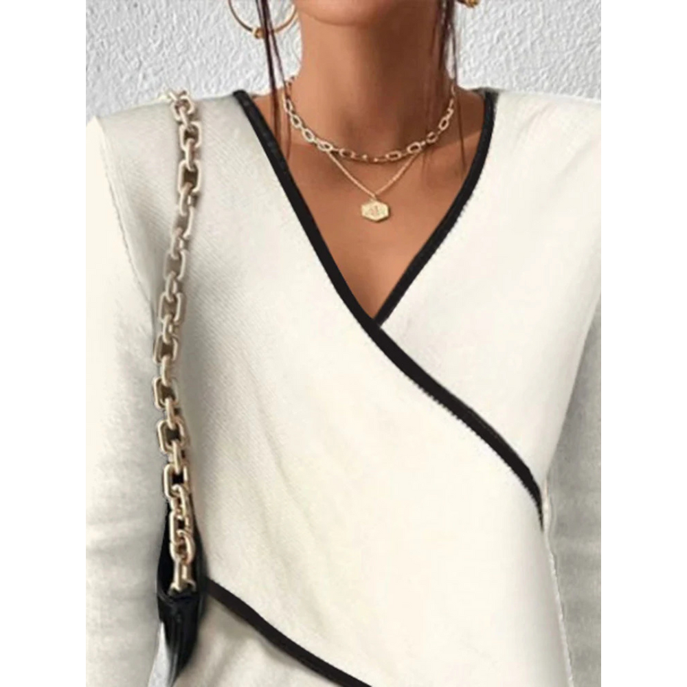 V-hals top met lange mouwen voor dames in beige, veelzijdig voor dagelijks gebruik of speciale gelegenheden, accentueert het figuur met een chique ontwerp.