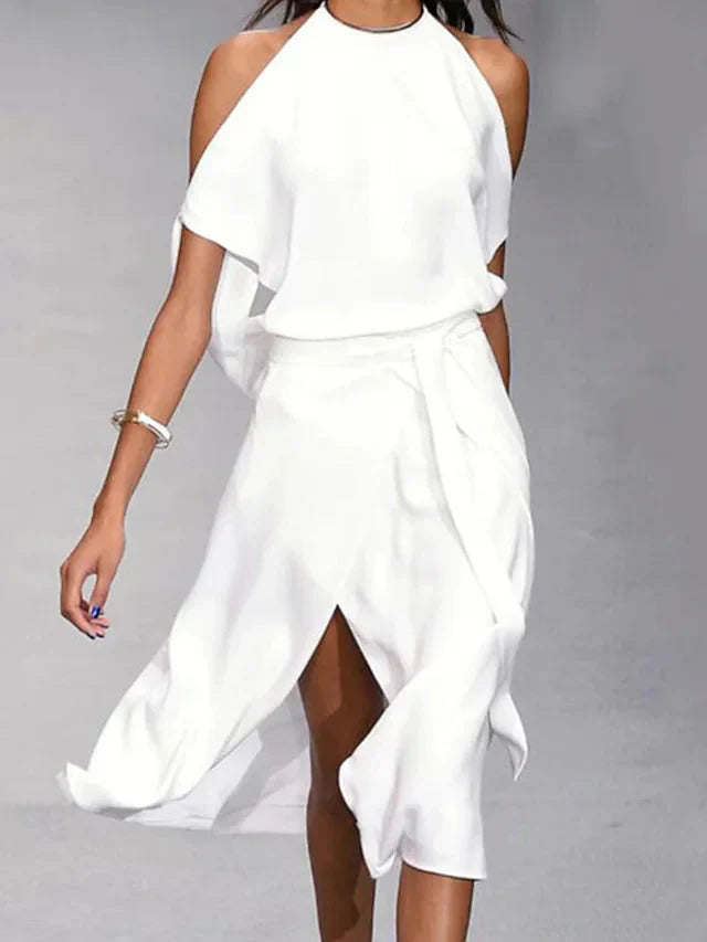 Elegant Madonna halter midi jurk, blote schouders, vloeiende pasvorm, asymmetrische zoom, perfect voor speciale gelegenheden.