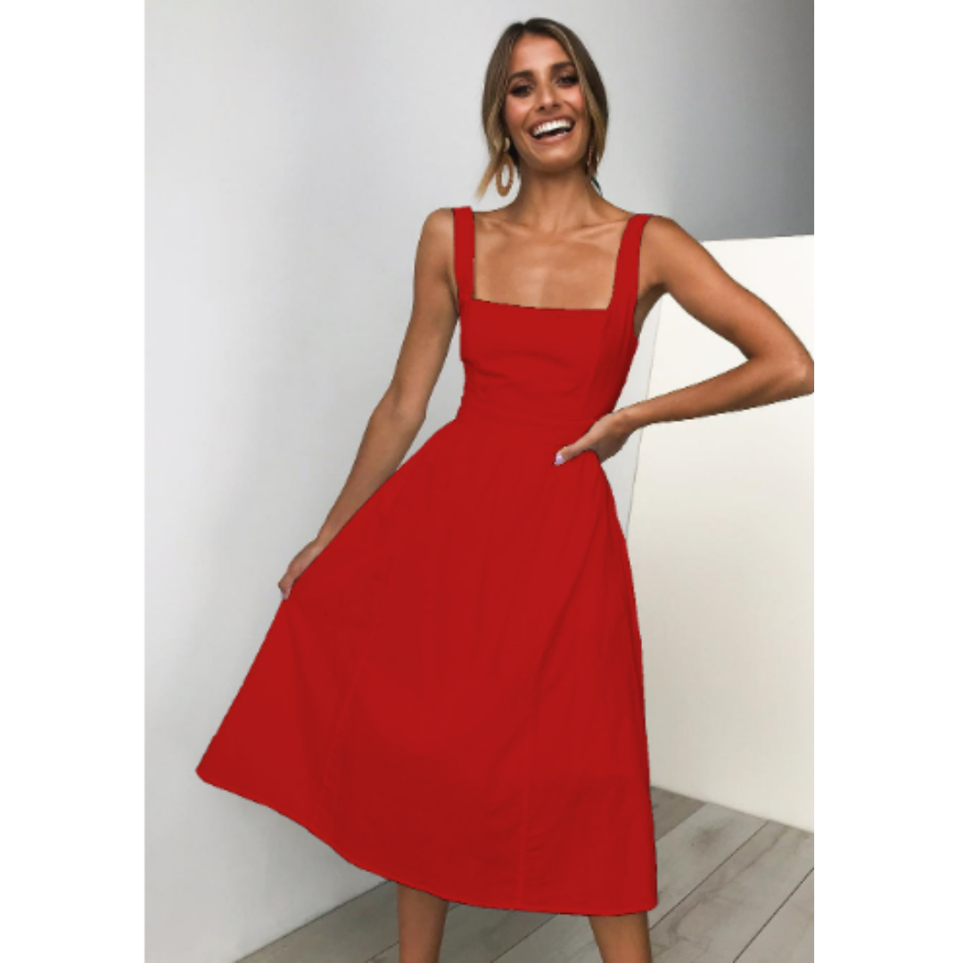 Elegante zijden midi-jurk voor dames, met zakken en een eenvoudig ontwerp, ideaal voor zomerse gelegenheden en warme dagen.