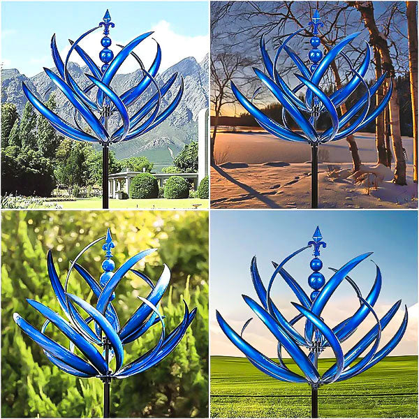 Overzicht van een tuin met de metalen windspinner als decoratie