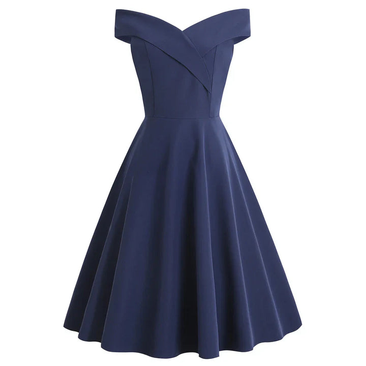 Elegante off-shoulder midi-jurk voor dames met nauwsluitende pasvorm, perfect voor avondevenementen.