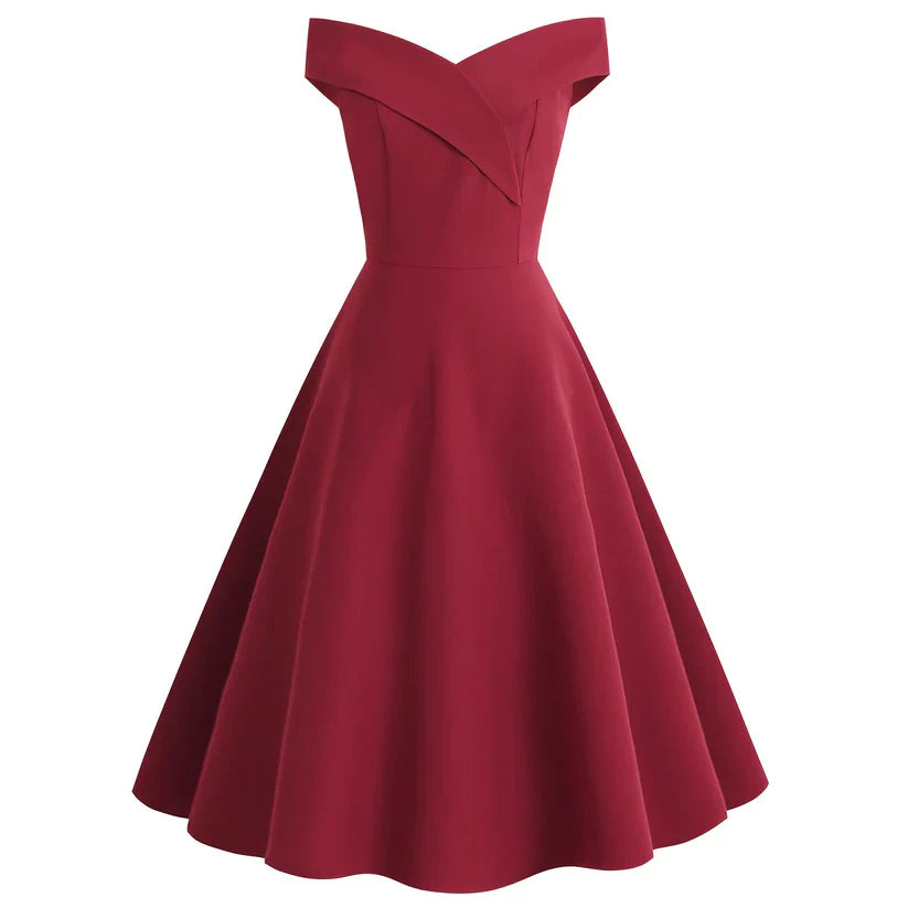 Elegante off-shoulder midi-jurk voor dames met nauwsluitende pasvorm, perfect voor avondevenementen.