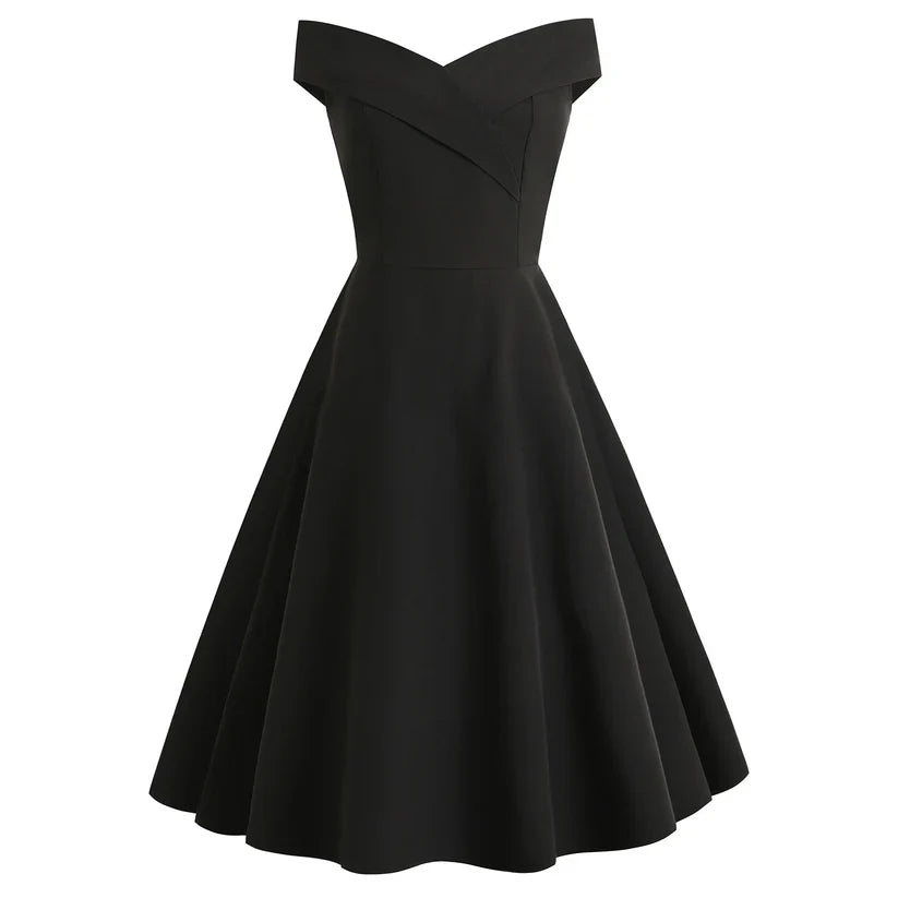 Elegante off-shoulder midi-jurk voor dames met nauwsluitende pasvorm, perfect voor avondevenementen.