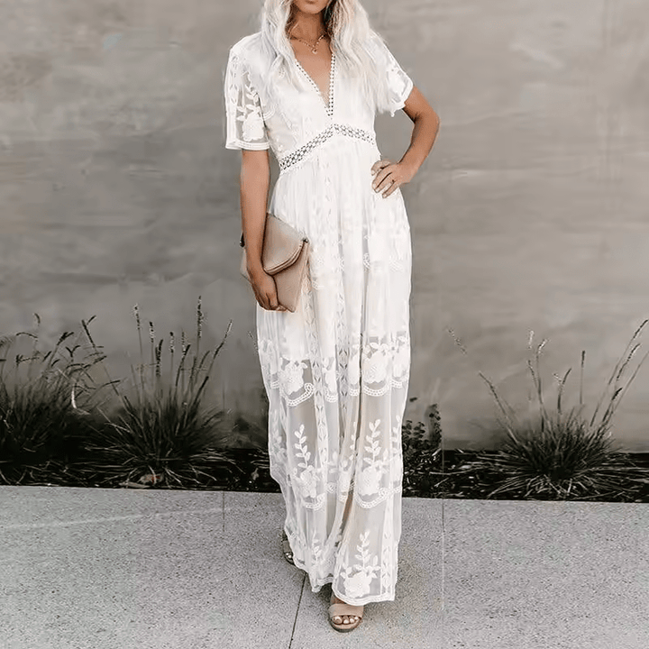 Winifredim Witte Maxi-jurk Dames Vooraanzicht, elegant en vloeiend voor speciale gelegenheden.