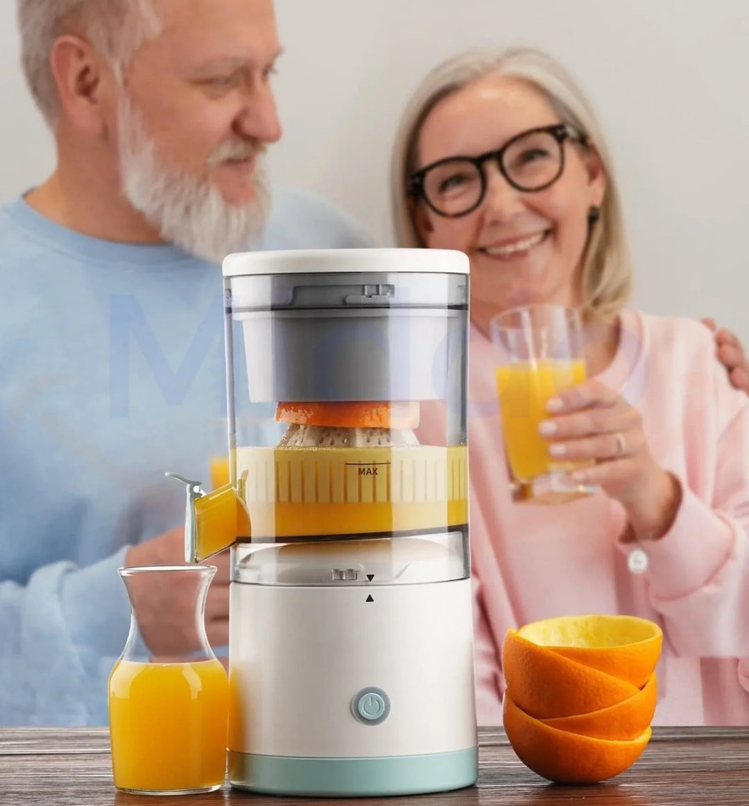Elektrische citruspers met sapcontainer voor het snel persen van sinaasappels en citroenen, ideaal voor liefhebbers van vers sap.