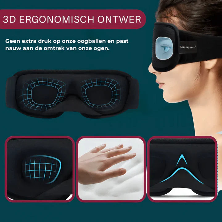 Ergonomisch 3D slaapmasker, past optimaal aan, biedt comfort en duisternis, ideaal voor reizen en thuis.