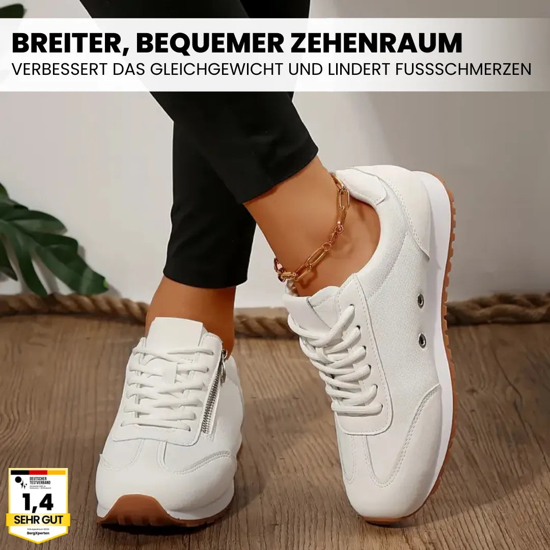 Ergonomische dames schoenen OrthoCareX, grijs detail, ademend materiaal, antislipzool, brede neus voor comfort.